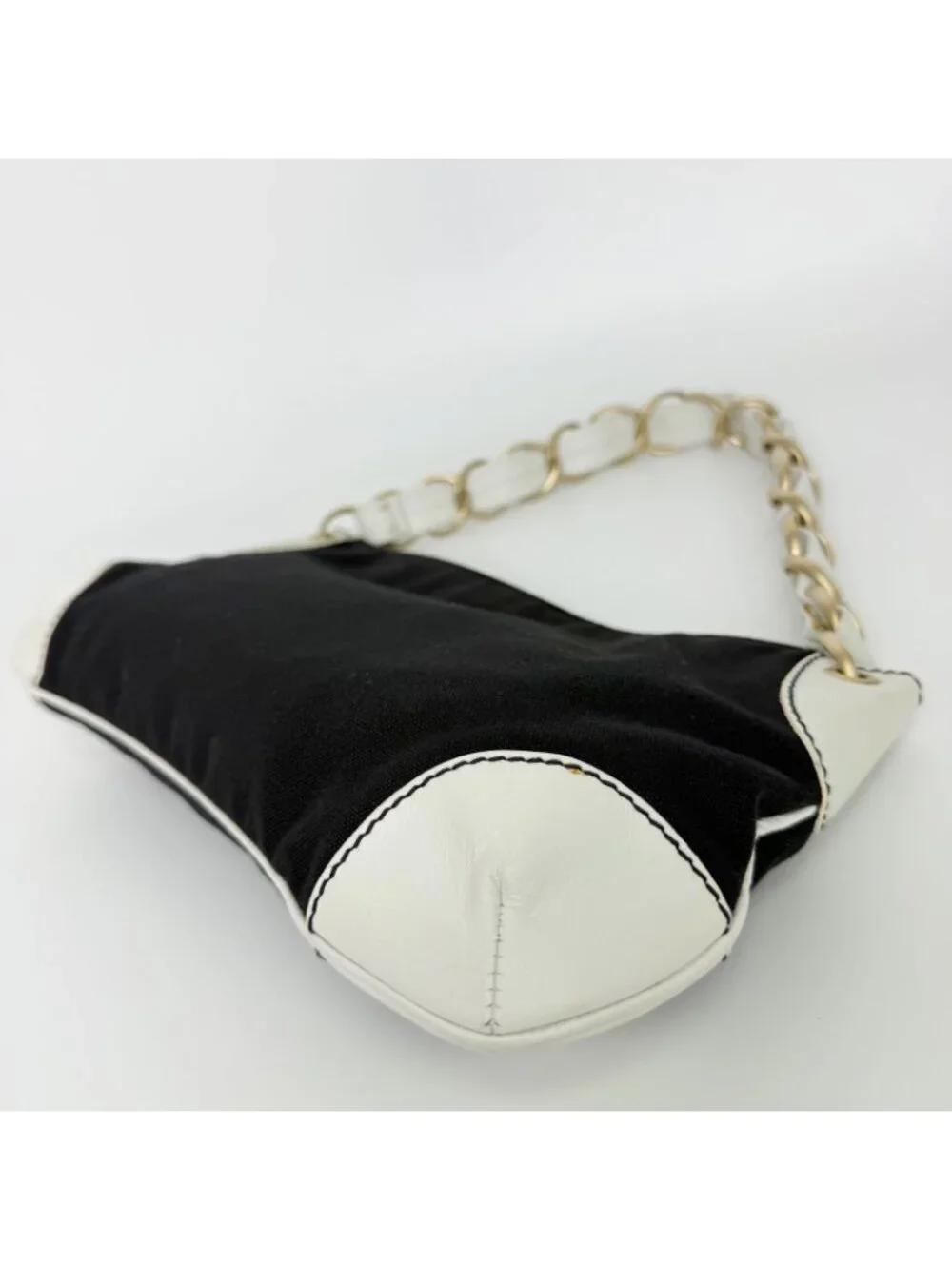 Chanel CC Logo Chain Shoulder Bag Canvas Leather Black White Gold Vintage